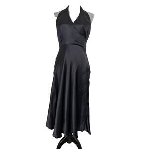 100% Silk Black Halter Midi Dress Size 10 Wedding Guest Prom Cocktail Dress LBD